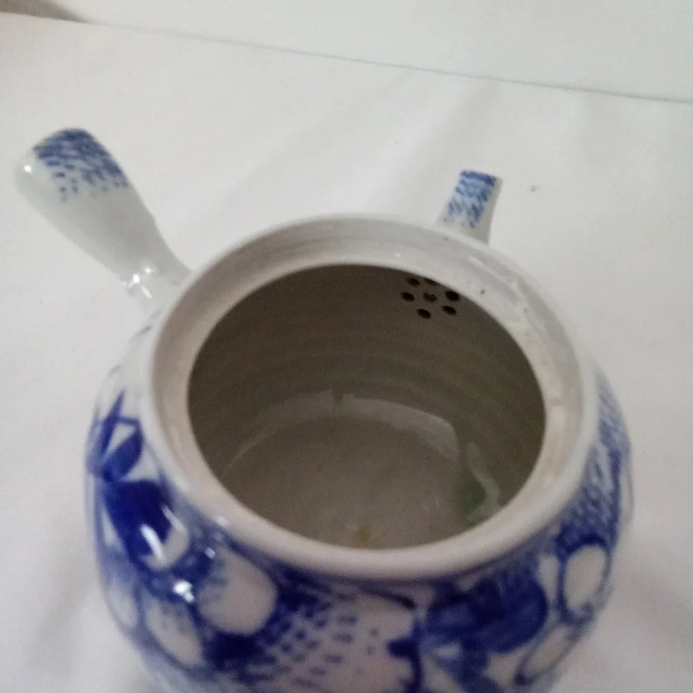 Japanese Kyusu Side Handle Teapot Blue White Floral Bamboo Ceramic Tea Pot 3.5in